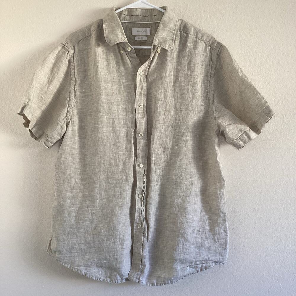 Men’s Porter & Ash 100% Linen Button Up Shirt Beige Short Sleeve Size XL
